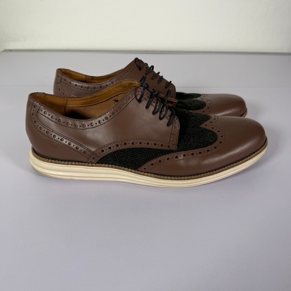 Cole Haan Grand OS Wingtip Oxford Mens 10.5W Brown Leather Wool Tweed C21688
